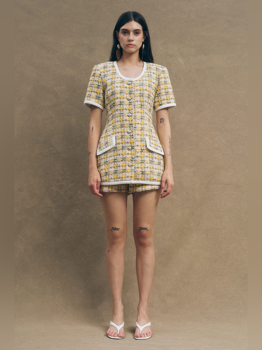MAUDE CLUB Frances Longline Tweed Jacket In Yellow and White Size S NWT